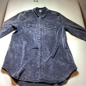 Lucky Brand Pearl Snap Shirt Womens L Dark Blue Suede Tunic Long Sleeve Pockets